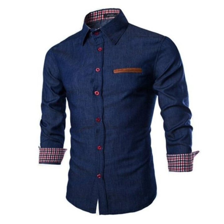 Men’s Slim Fit Denim Shirt | Long Sleeve | Contrast Check Cuffs & Pocket Detail