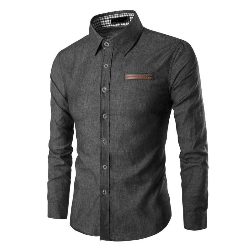 Men’s Slim Fit Denim Shirt | Long Sleeve | Contrast Check Cuffs & Pocket Detail