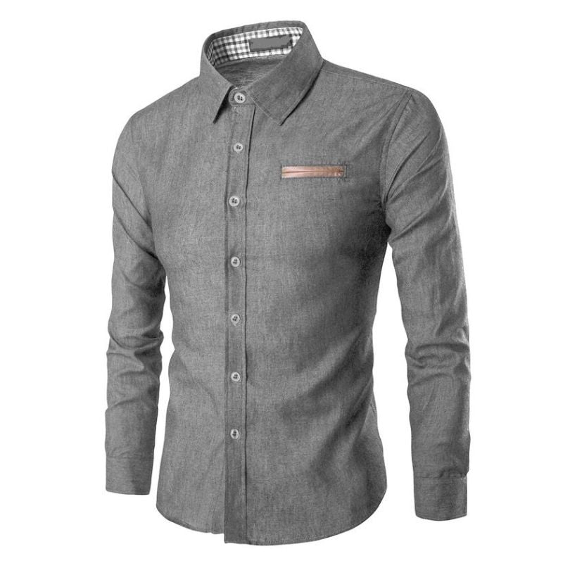 Men’s Slim Fit Denim Shirt | Long Sleeve | Contrast Check Cuffs & Pocket Detail