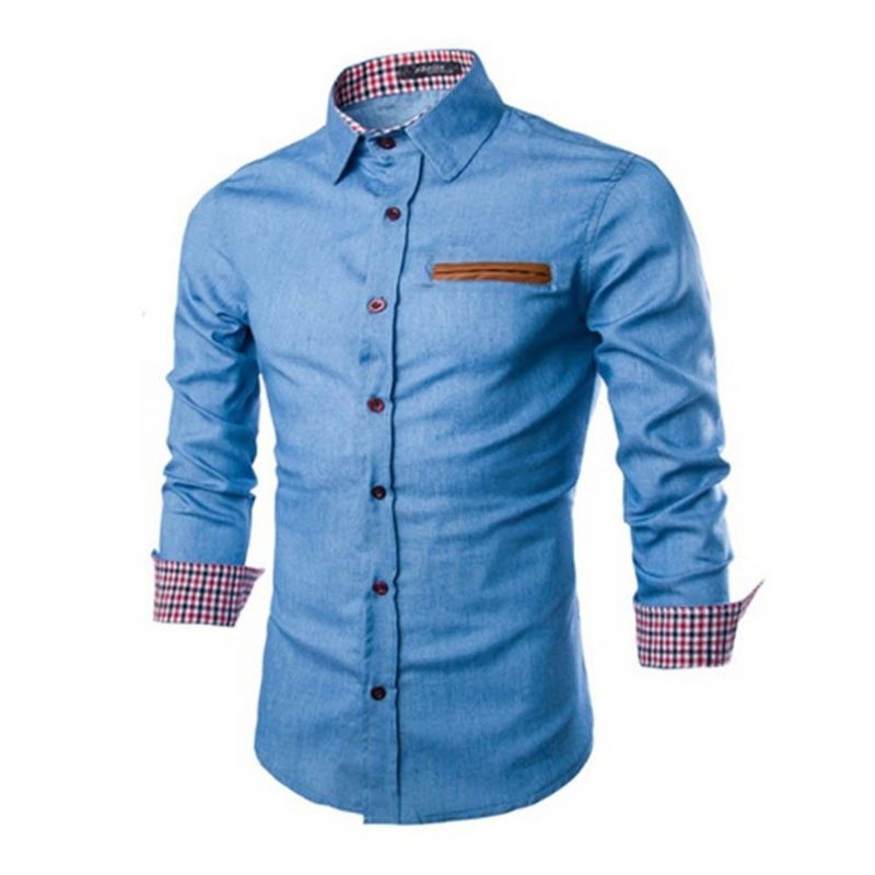 Men’s Slim Fit Denim Shirt | Long Sleeve | Contrast Check Cuffs & Pocket Detail