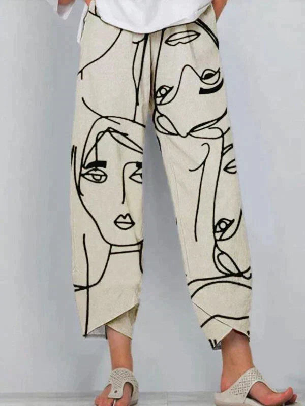 Women's Abstract Face Print Wide-Leg Pants | Lightweight High-Waisted Trousers | Casual Art-Inspired Style