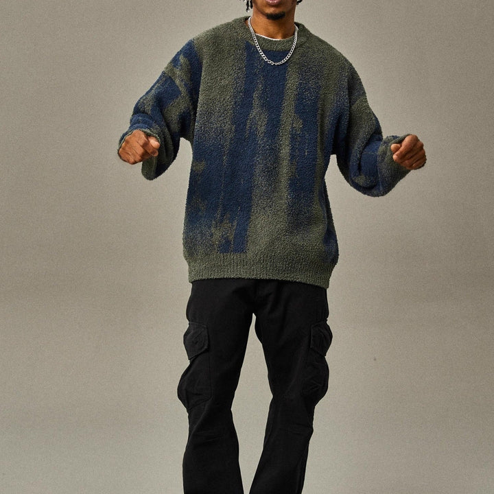 Men's Fuzzy Gradient Knit Sweater | Abstract Monochrome Pullover | Winter Streetwear