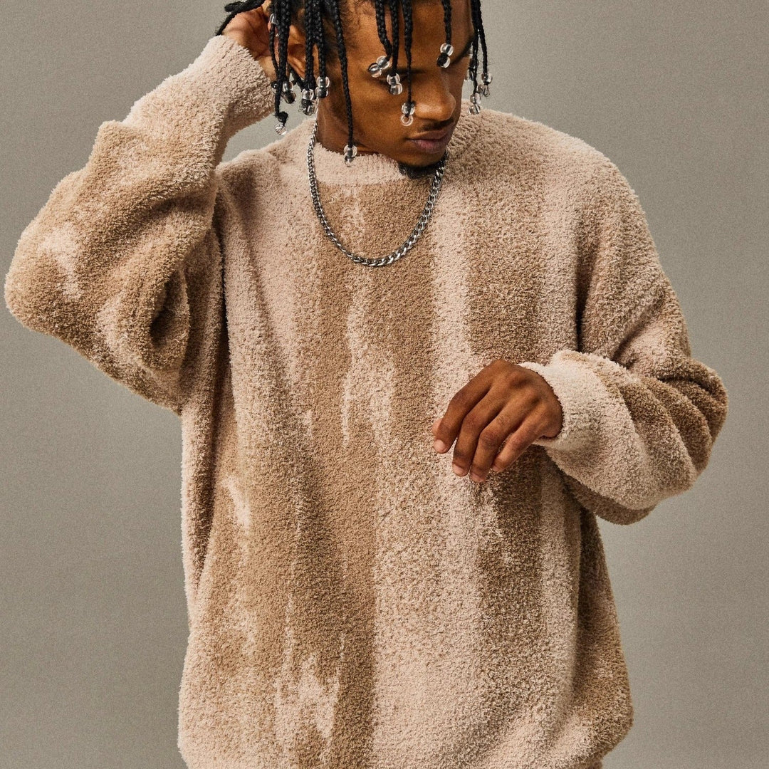 Men's Fuzzy Gradient Knit Sweater | Abstract Monochrome Pullover | Winter Streetwear