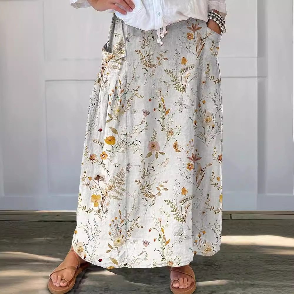 Relaxed Floral Maxi Skirt | Linen-Cotton Blend with Pockets | Casual Everyday Fit