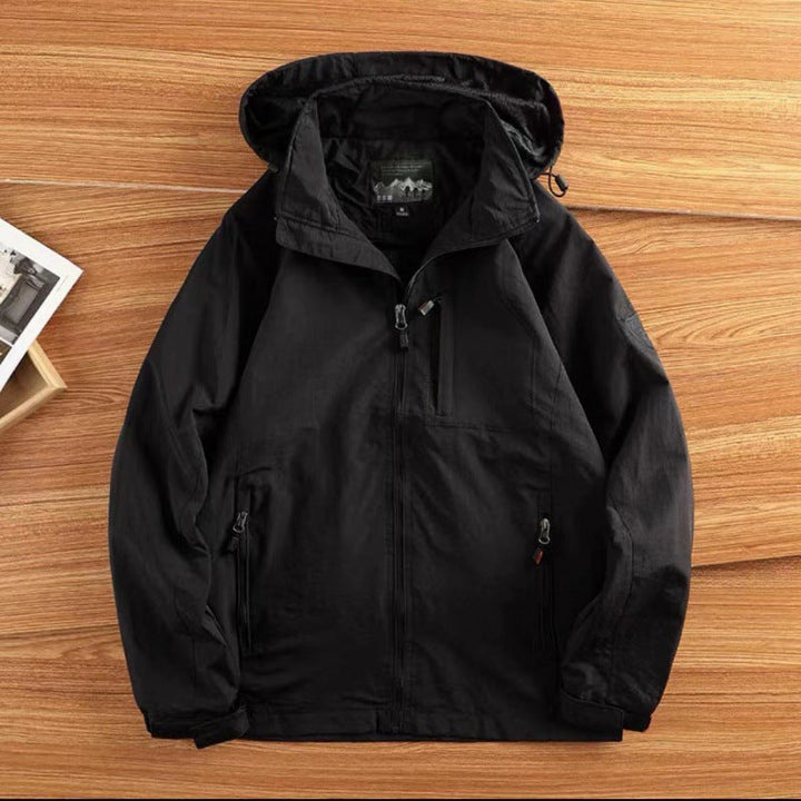 Men’s Khaki Windbreaker Jacket | Lightweight Shell | Adjustable Hood