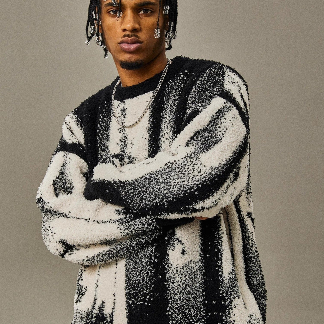 Men's Fuzzy Gradient Knit Sweater | Abstract Monochrome Pullover | Winter Streetwear