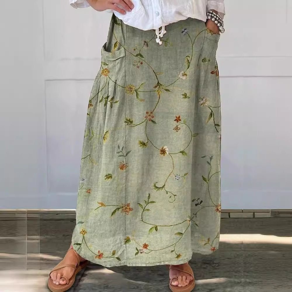 Relaxed Floral Maxi Skirt | Linen-Cotton Blend with Pockets | Casual Everyday Fit
