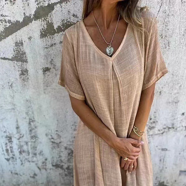 Fiorina - Loose Cotton and Linen V-Neck Dress