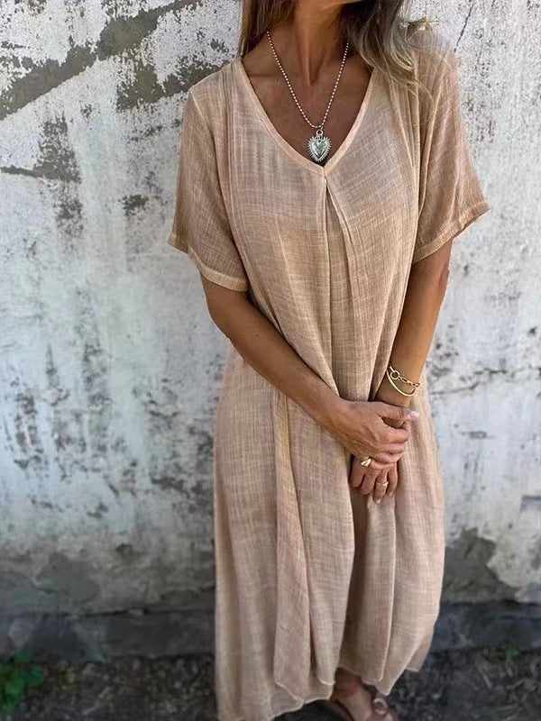 Fiorina - Loose Cotton and Linen V-Neck Dress