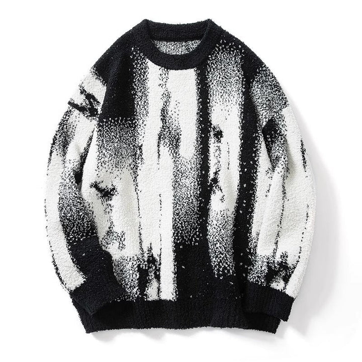 Men's Fuzzy Gradient Knit Sweater | Abstract Monochrome Pullover | Winter Streetwear
