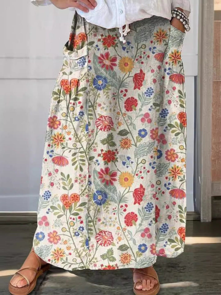 Relaxed Floral Maxi Skirt | Linen-Cotton Blend with Pockets | Casual Everyday Fit