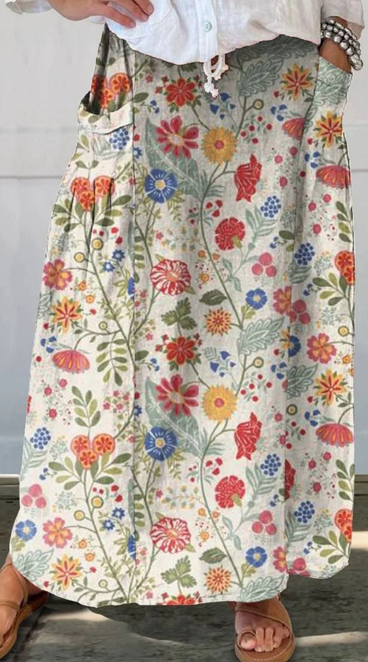 Relaxed Floral Maxi Skirt | Linen-Cotton Blend with Pockets | Casual Everyday Fit