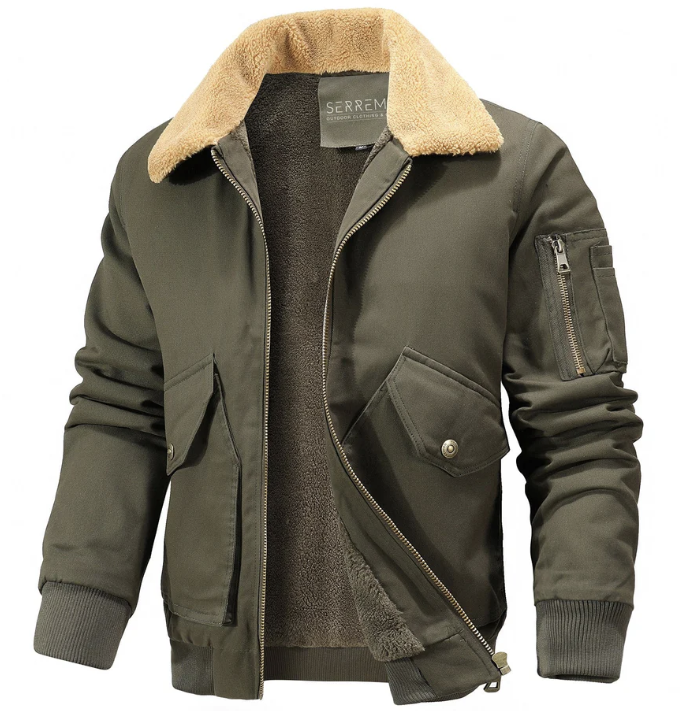 Blouson aviateur homme à col en peau lainée | Style aviateur hivernal | Doublure chaude
