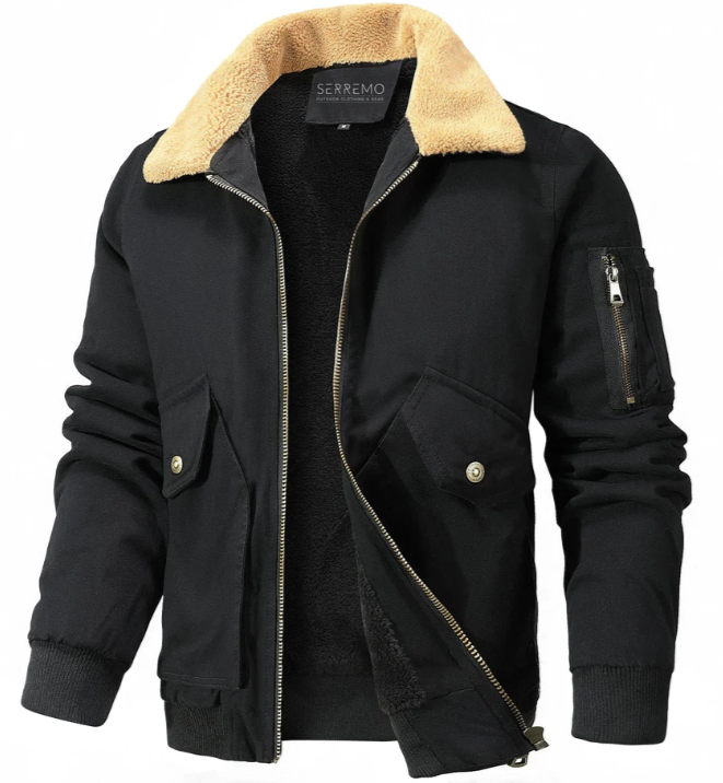 Blouson aviateur homme à col en peau lainée | Style aviateur hivernal | Doublure chaude