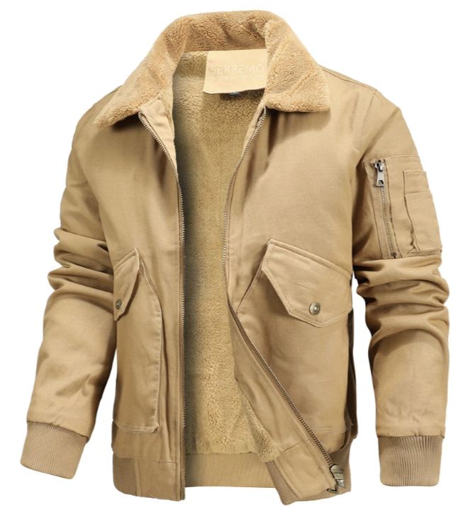 Blouson aviateur homme à col en peau lainée | Style aviateur hivernal | Doublure chaude