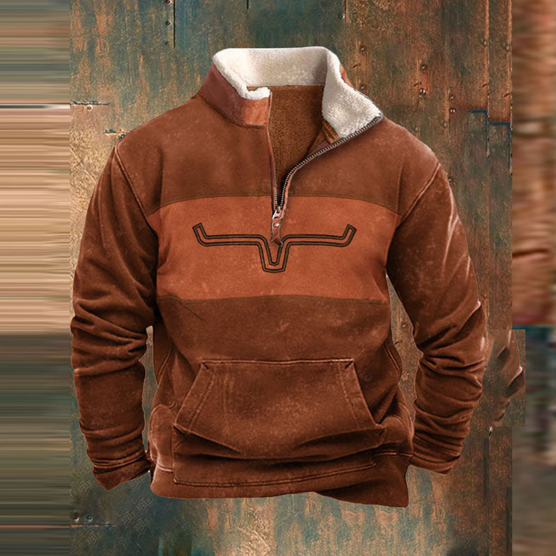 Men’s Quarter-Zip Fleece Pullover | Patterned Sleeves | Warm Winter Sweatshirt