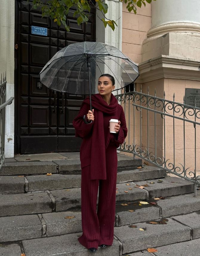 Jeannie - Burgundy set with sweater and wide leg pants