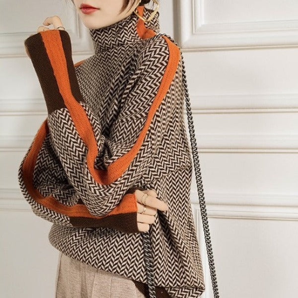 Marivelle™ - Women's Mock Neck Sweater with Contrast Stripes