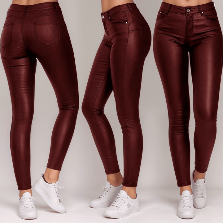 Pantalon taille haute en similicuir | Longueur totale | Mélange polyester-élasthanne