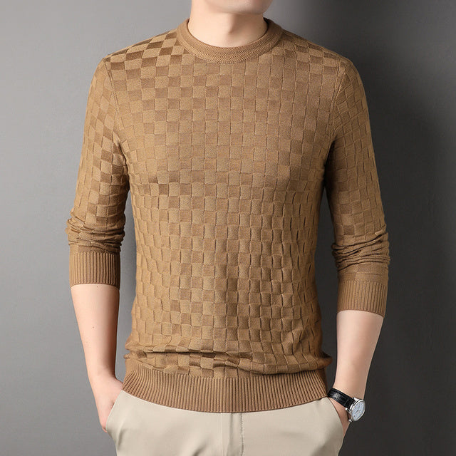 Men’s Textured Knit Pullover | Slim Fit Crewneck Sweater | Tonal Check Pattern