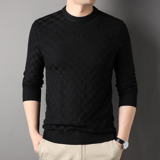 Men’s Textured Knit Pullover | Slim Fit Crewneck Sweater | Tonal Check Pattern