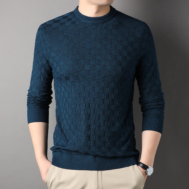 Men’s Textured Knit Pullover | Slim Fit Crewneck Sweater | Tonal Check Pattern