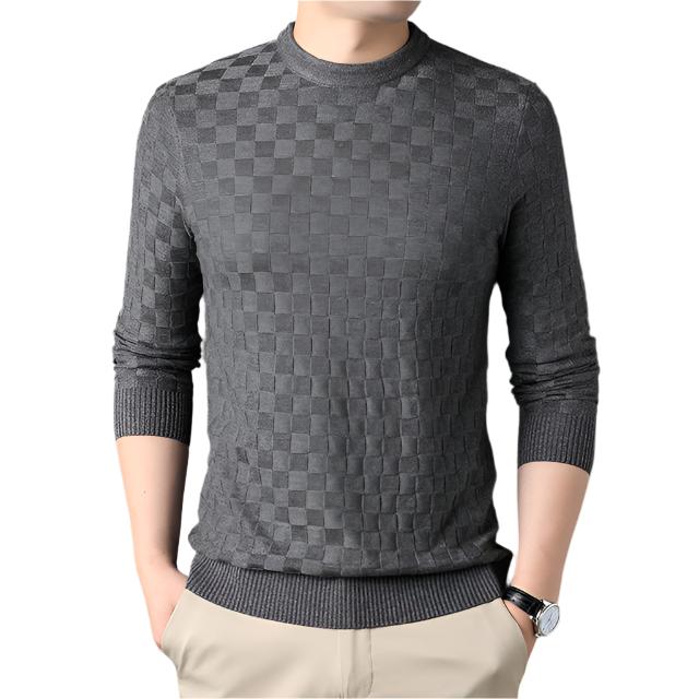 Men’s Textured Knit Pullover | Slim Fit Crewneck Sweater | Tonal Check Pattern