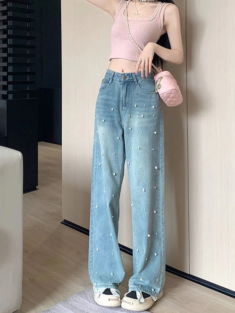 Wide-Leg Pearl Embellished Jeans | High-Waisted | Statement Denim | Casual Glam