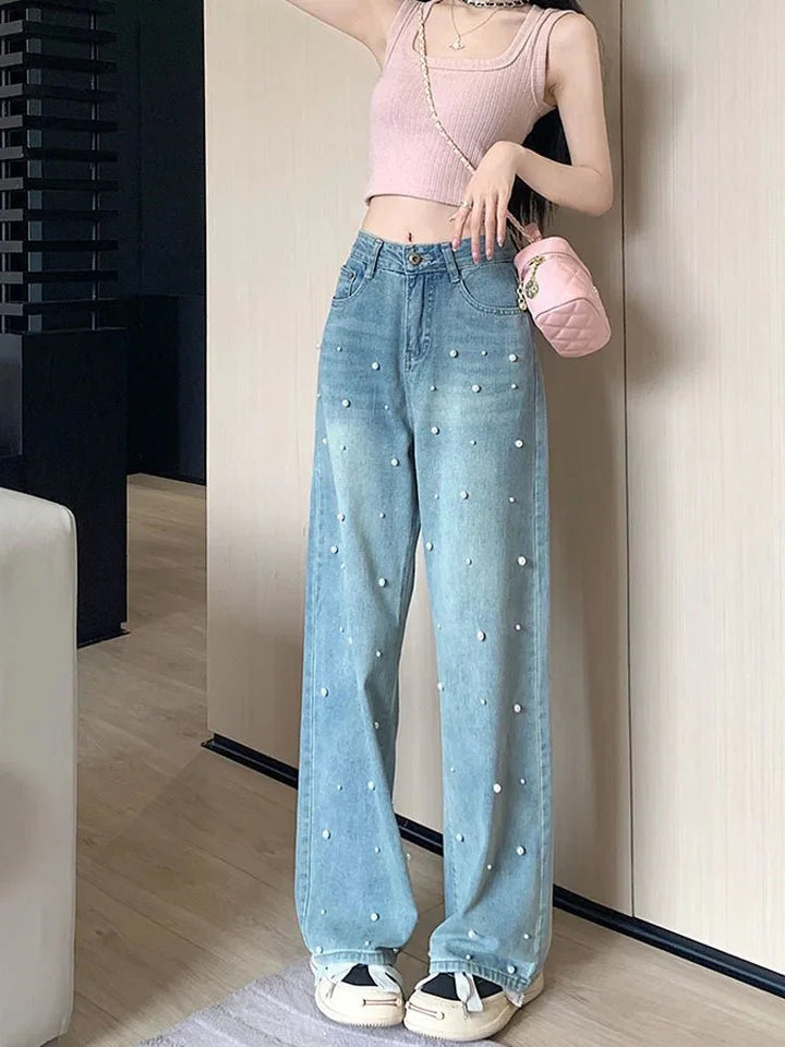 Wide-Leg Pearl Embellished Jeans | High-Waisted | Statement Denim | Casual Glam