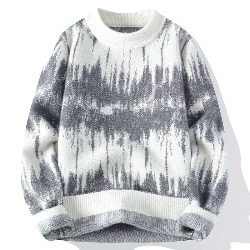 Men’s Tie-Dye Knit Sweater | Relaxed Crewneck Pullover in Blue Tones