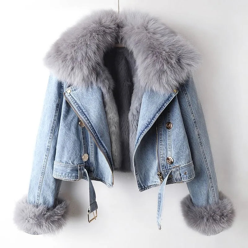 Beatrice - Luxury lined fox fur denim coat