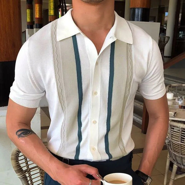 Men’s Retro Knit Polo Shirt | Short Sleeve Button-Up | Soft Stretch Patterned Top