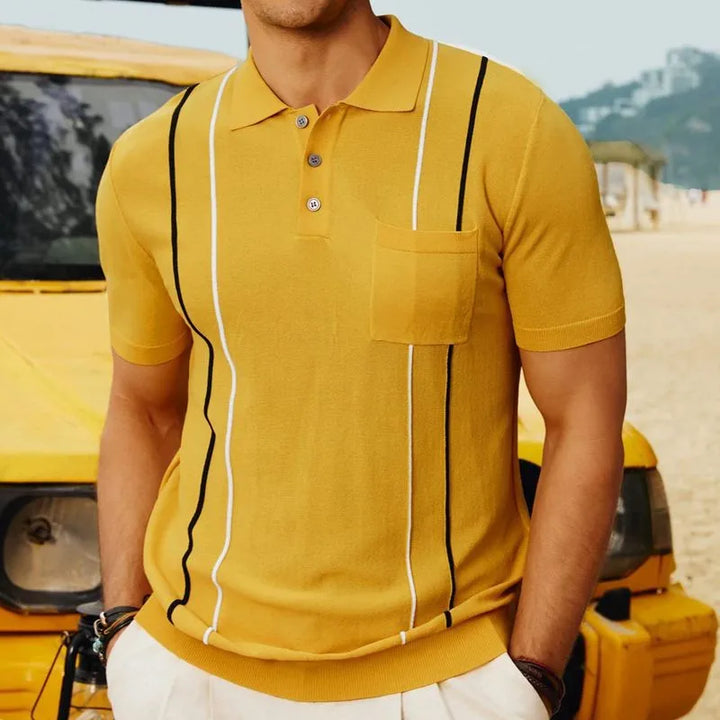 Men’s Retro Knit Polo Shirt | Short Sleeve Button-Up | Soft Stretch Patterned Top