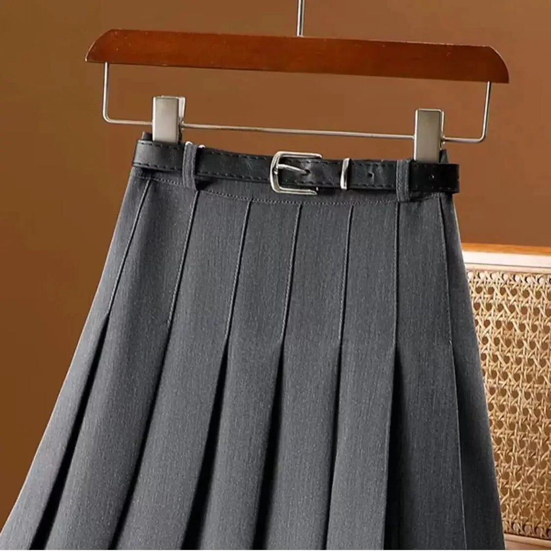 High-Waisted Pleated Midi Skirt | Belted | Structured A-Line Silhouette