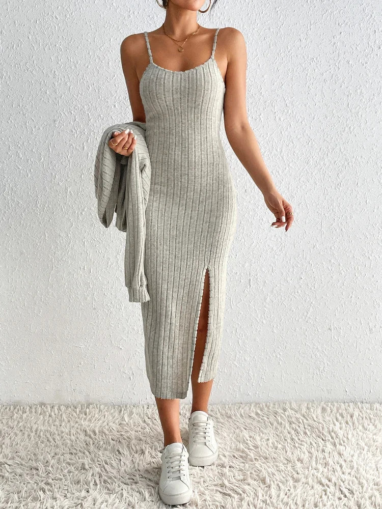 Two-Piece Knitted Set | Ribbed Texture | Casual Elegance | Neutral Beige