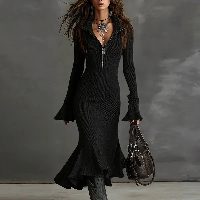 Pravielle - Long Dress with Turn-down Collar and Flared Sleeves