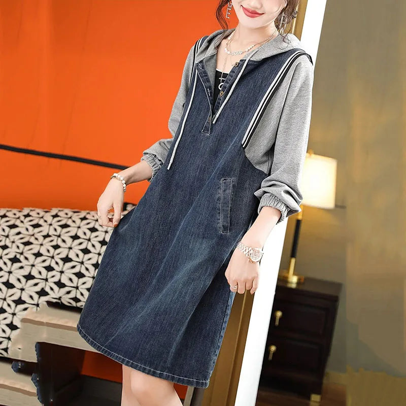 Isavellea - Hooded Denim Patchwork Sweatshirt Dress