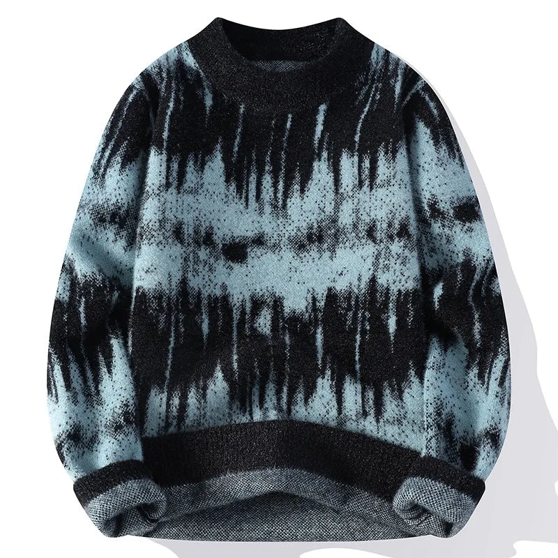 Men’s Tie-Dye Knit Sweater | Relaxed Crewneck Pullover in Blue Tones