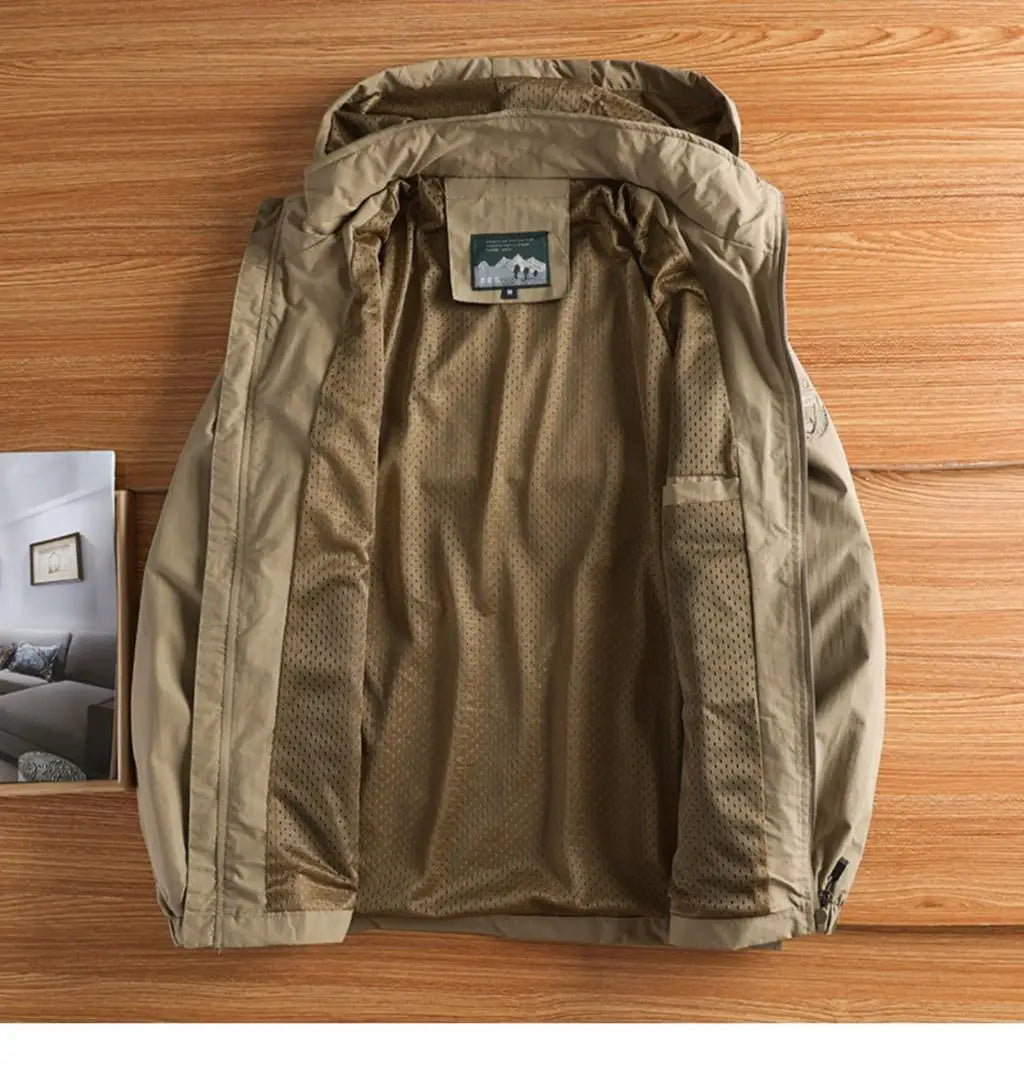 Men’s Khaki Windbreaker Jacket | Lightweight Shell | Adjustable Hood