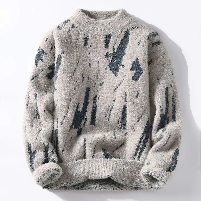 Fuzzy Abstract Print Sweater | Relaxed Fit with Brushed Texture