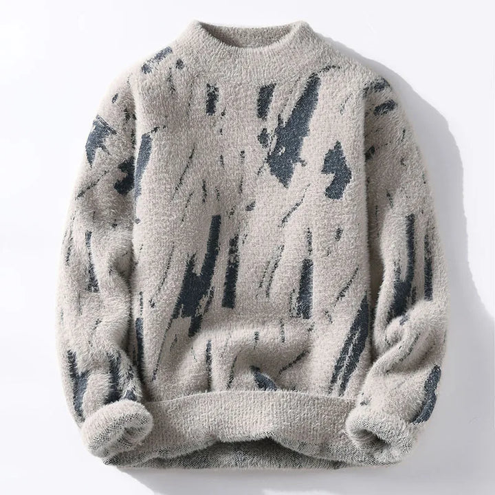 Fuzzy Abstract Print Sweater | Relaxed Fit with Brushed Texture