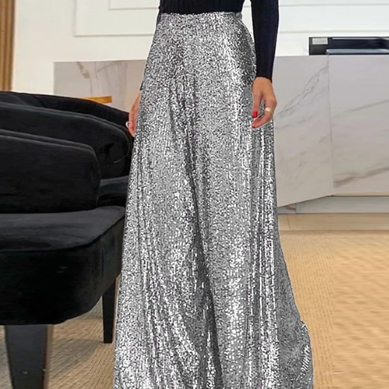 High-Waist Sequin Wide-Leg Pants | Evening Glam Look | Flowing Party Fit