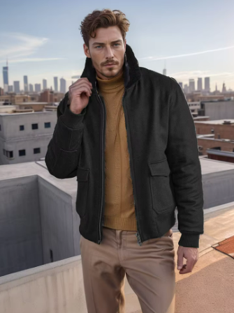 Men’s Bomber Jacket with Faux Fur Collar | Zip-Up Transitional Outerwear