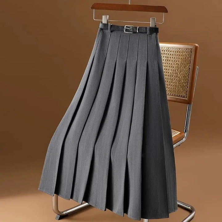 High-Waisted Pleated Midi Skirt | Belted | Structured A-Line Silhouette