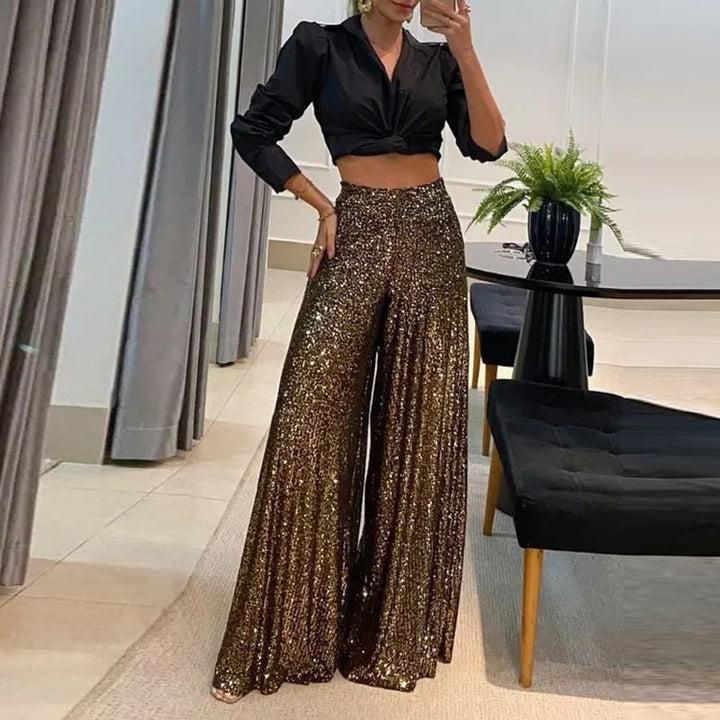 High-Waist Sequin Wide-Leg Pants | Evening Glam Look | Flowing Party Fit