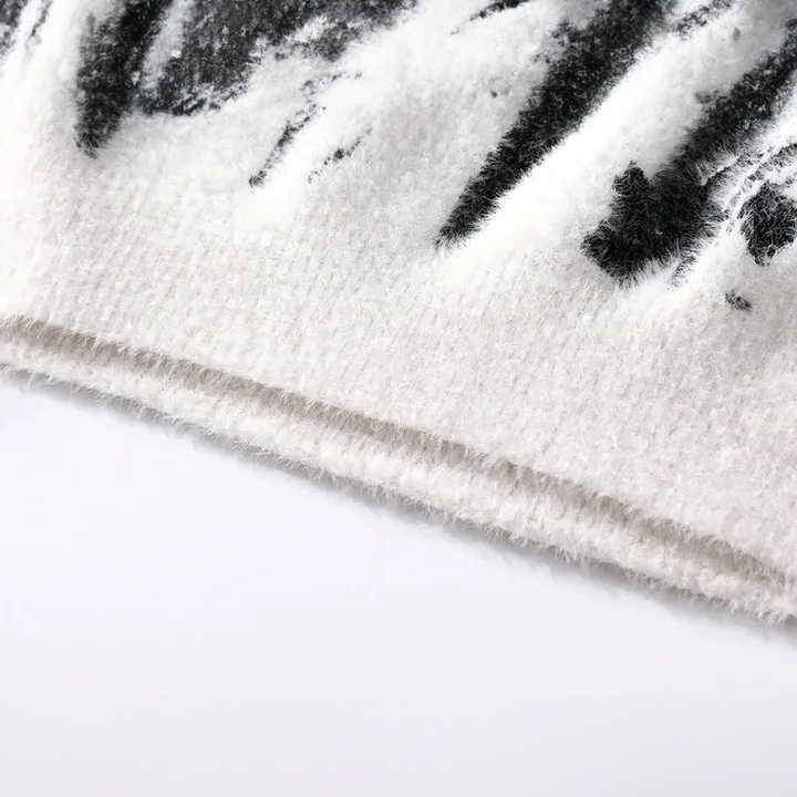 Fuzzy Abstract Print Sweater | Relaxed Fit with Brushed Texture