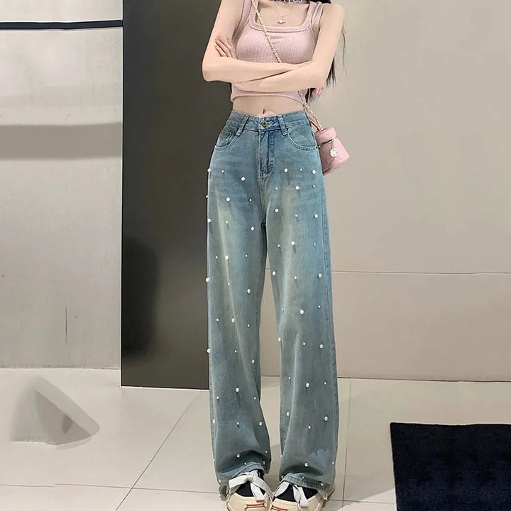 Wide-Leg Pearl Embellished Jeans | High-Waisted | Statement Denim | Casual Glam
