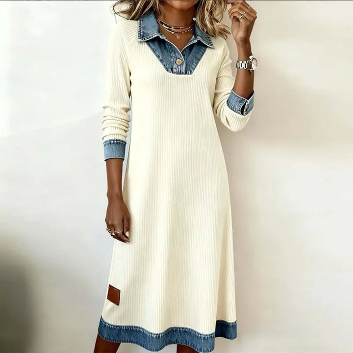Helirra - Elegant Patchwork Shirt Collar Long Dress - Casual Fall Style