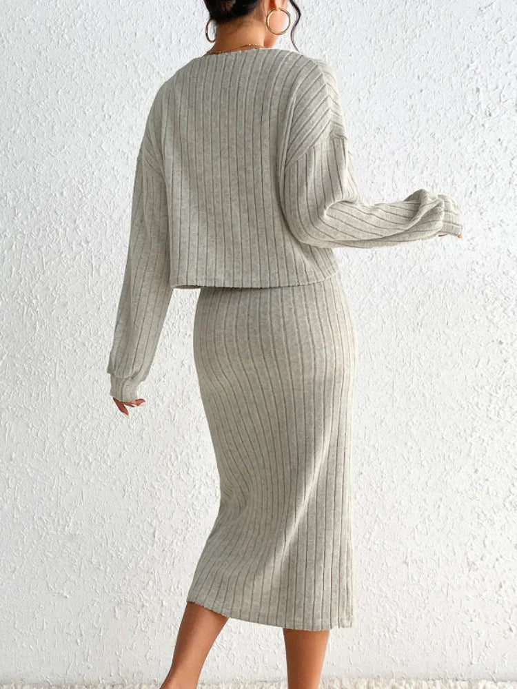 Two-Piece Knitted Set | Ribbed Texture | Casual Elegance | Neutral Beige