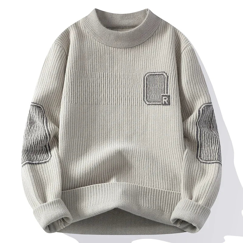 Men’s Ribbed Knit Sweater with Elbow Patches | Graphic Crewneck Pullover